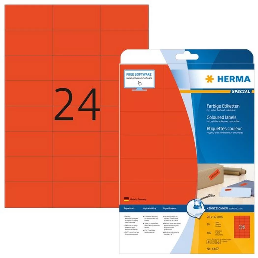 HERMA – Universal-Etiketten 70x37mm 4467 rot 480 St./20 Blatt, One Size