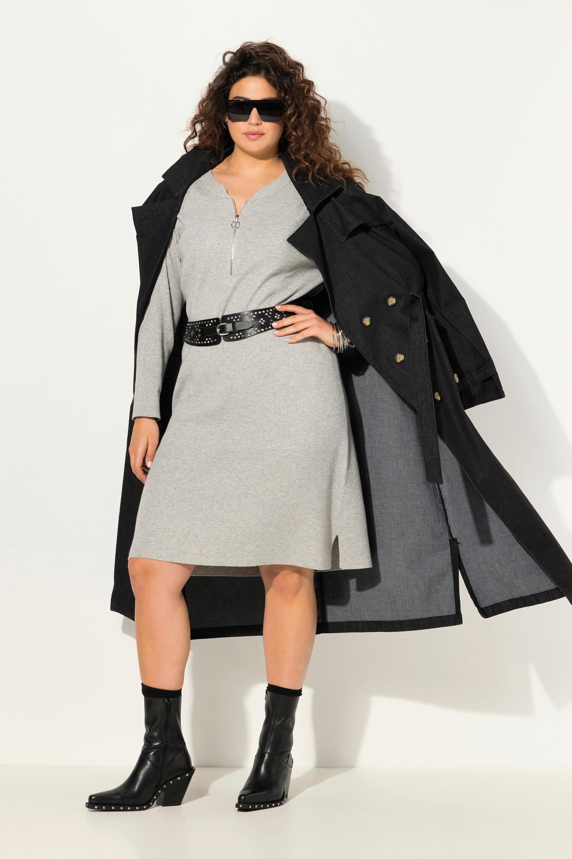 Ulla Popken Robe Midi Jersey Bord-Côte Fermeture Éclair Coupe Évasée Col V Manches Longues  