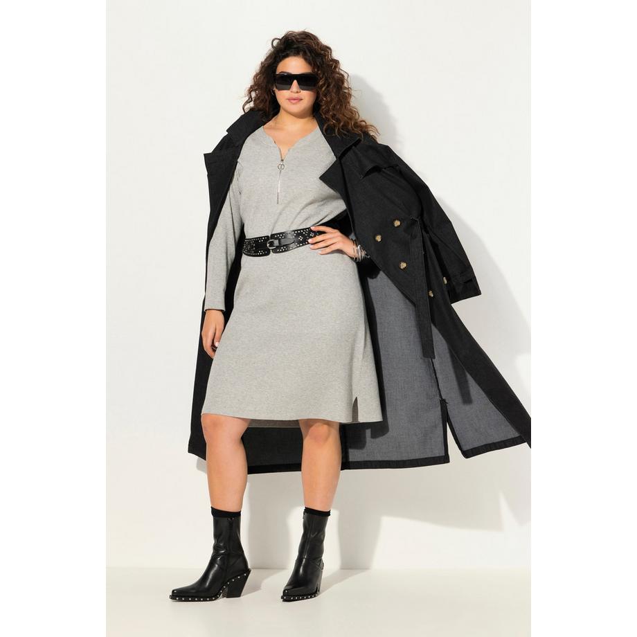 Ulla Popken Rippjersey Midikleid Zipper A-Linie V-Ausschnitt Langarm  