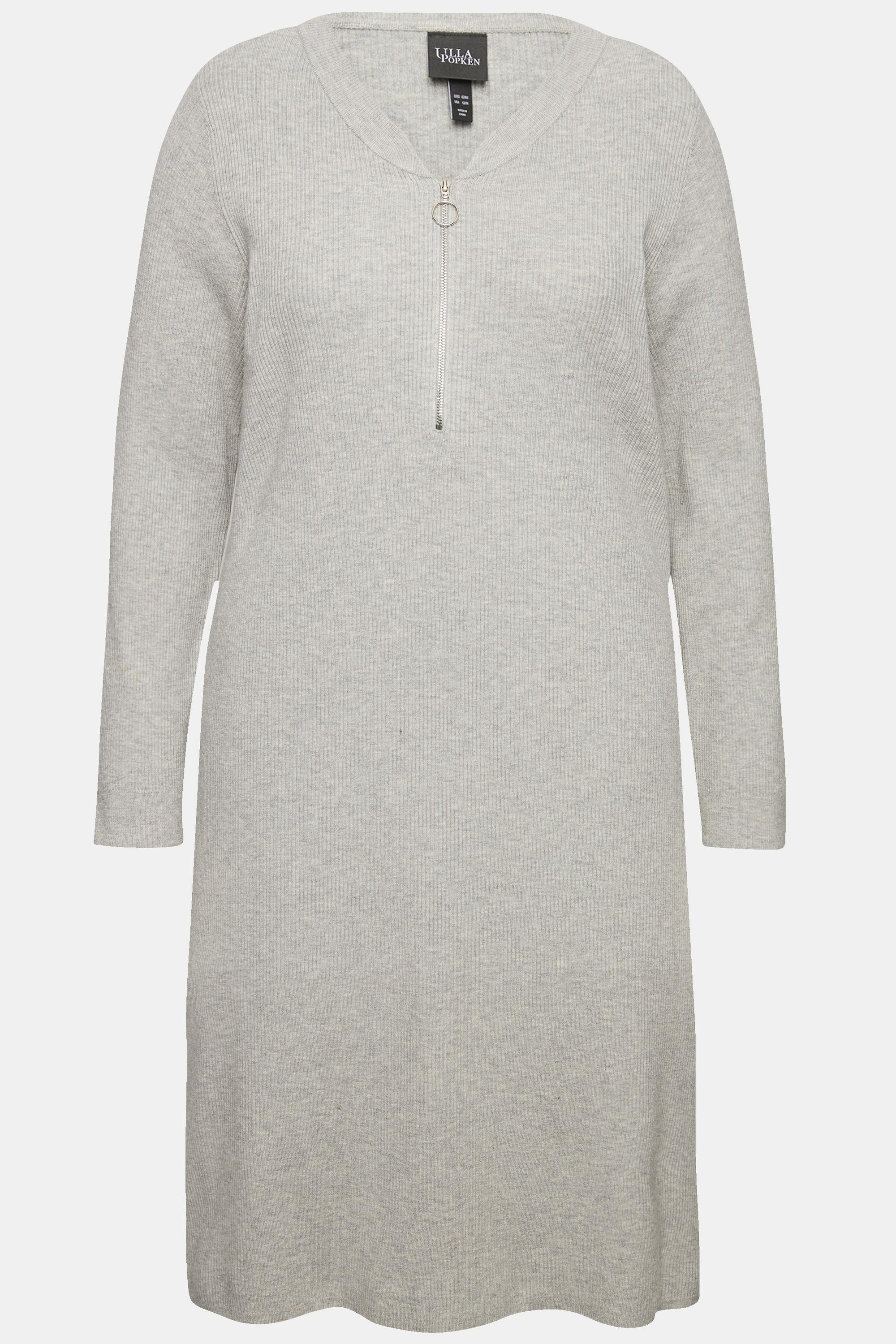 Ulla Popken Robe Midi Jersey Bord-Côte Fermeture Éclair Coupe Évasée Col V Manches Longues  