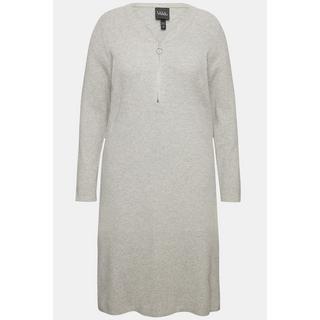 Ulla Popken Robe Midi Jersey Bord-Côte Fermeture Éclair Coupe Évasée Col V Manches Longues  