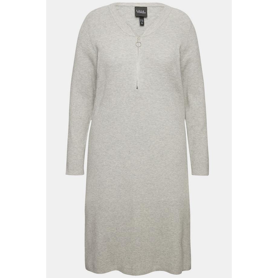 Ulla Popken Rippjersey Midikleid Zipper A-Linie V-Ausschnitt Langarm  