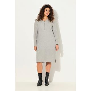 Ulla Popken Robe Midi Jersey Bord-Côte Fermeture Éclair Coupe Évasée Col V Manches Longues  