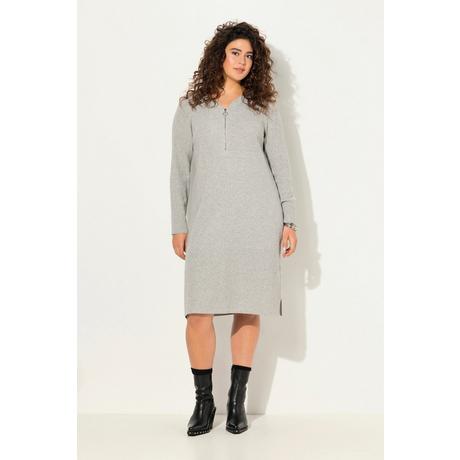 Ulla Popken Robe Midi Jersey Bord-Côte Fermeture Éclair Coupe Évasée Col V Manches Longues  