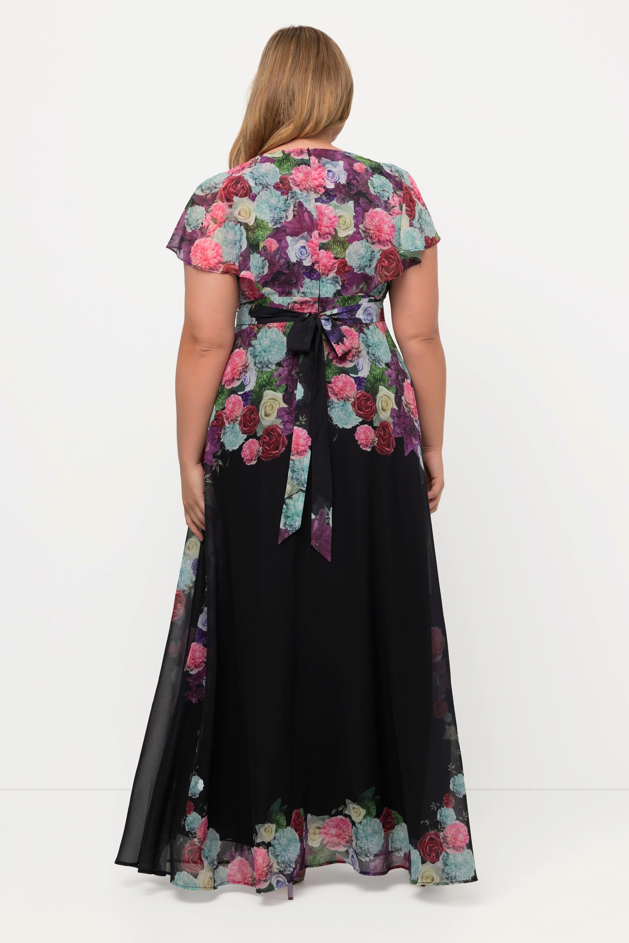 Ulla Popken Robe Maxi Chiffon Fleurs Col V Manches Courtes  