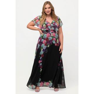 Ulla Popken  Maxi abito di chiffon con fiori, scollo a V e mezze maniche 