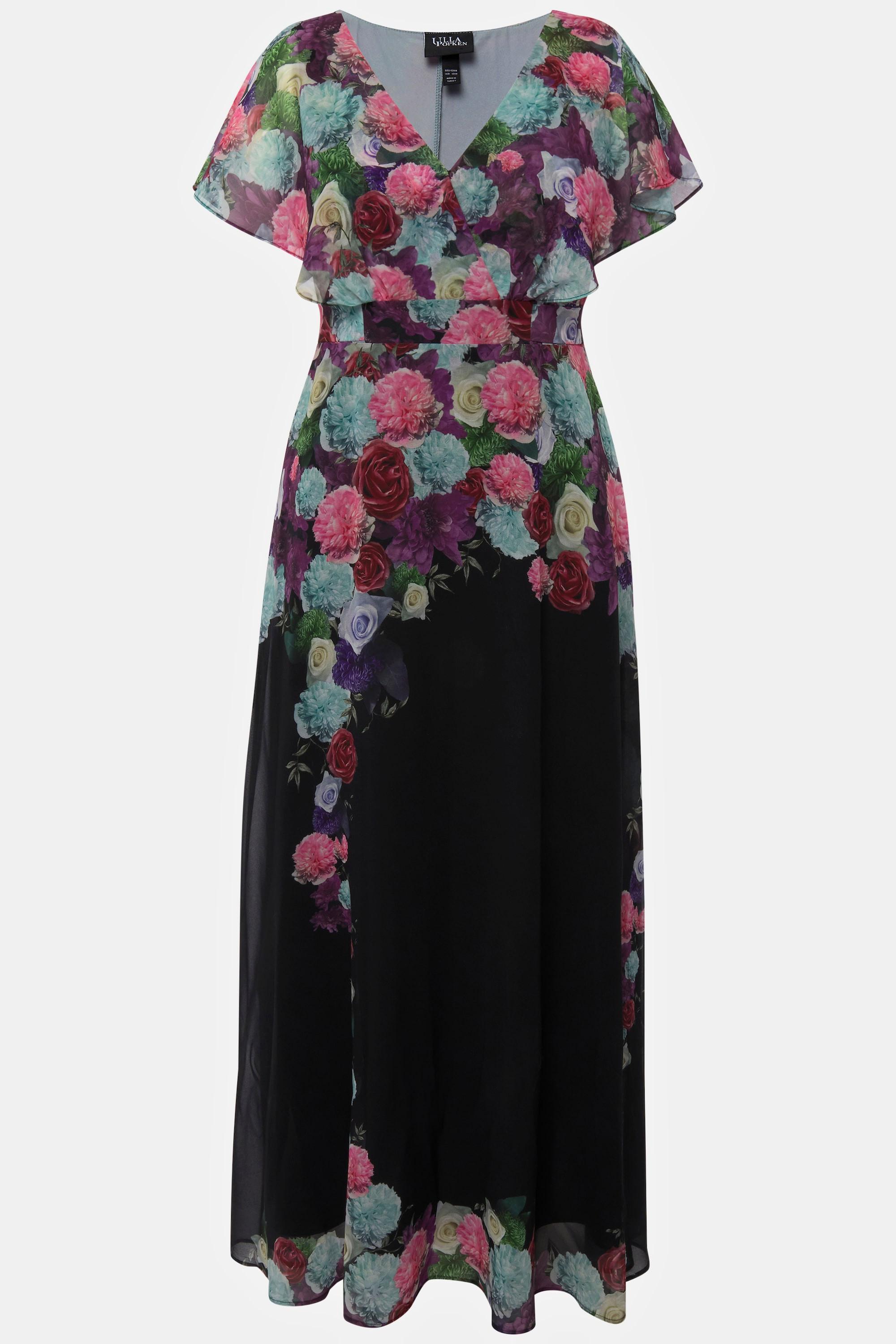 Ulla Popken Robe Maxi Chiffon Fleurs Col V Manches Courtes  