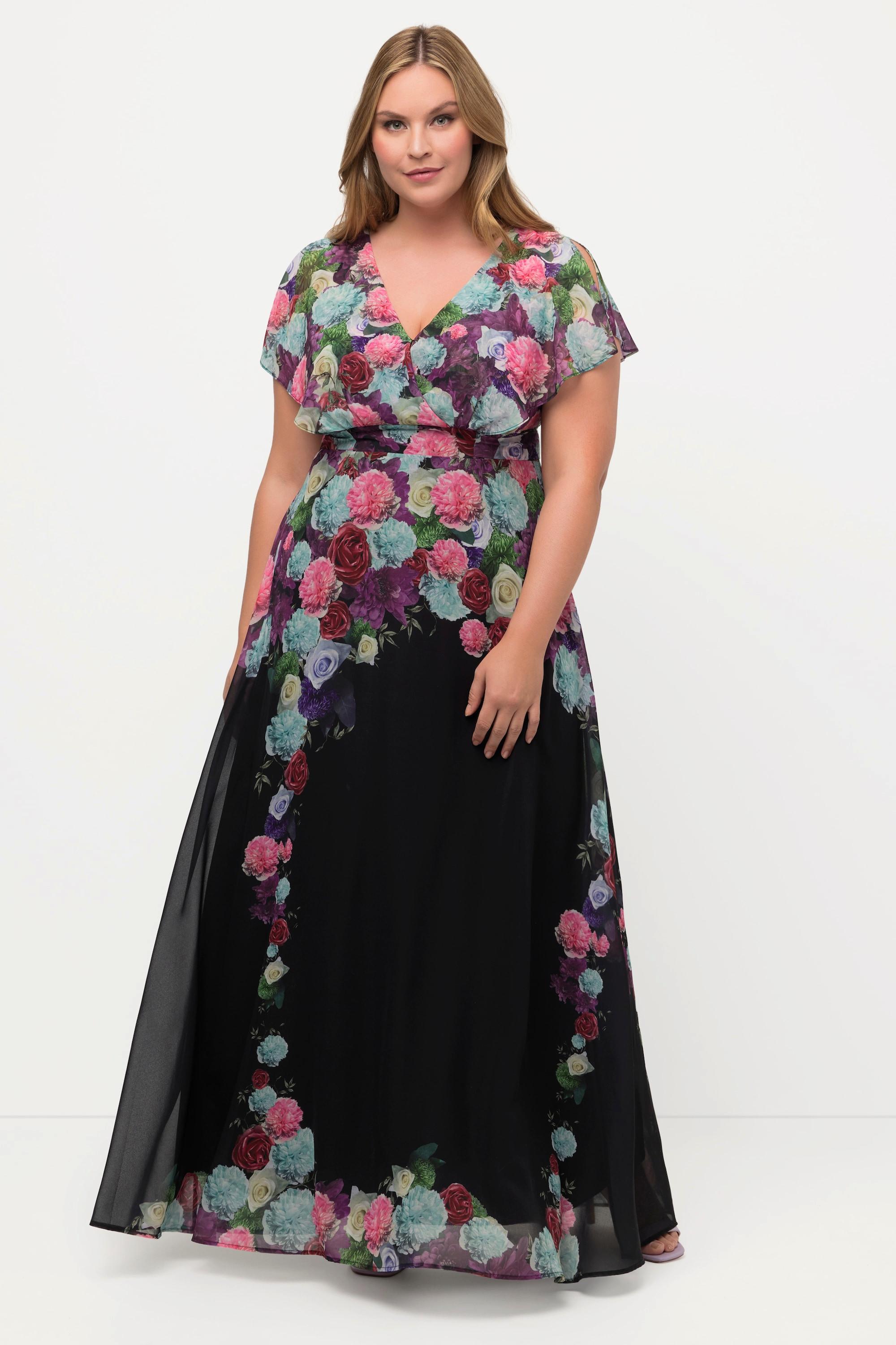 Ulla Popken  Maxi abito di chiffon con fiori, scollo a V e mezze maniche 