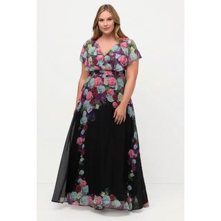 Ulla Popken  Maxi abito di chiffon con fiori, scollo a V e mezze maniche 