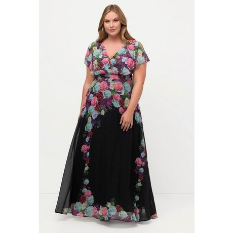 Ulla Popken Robe Maxi Chiffon Fleurs Col V Manches Courtes  