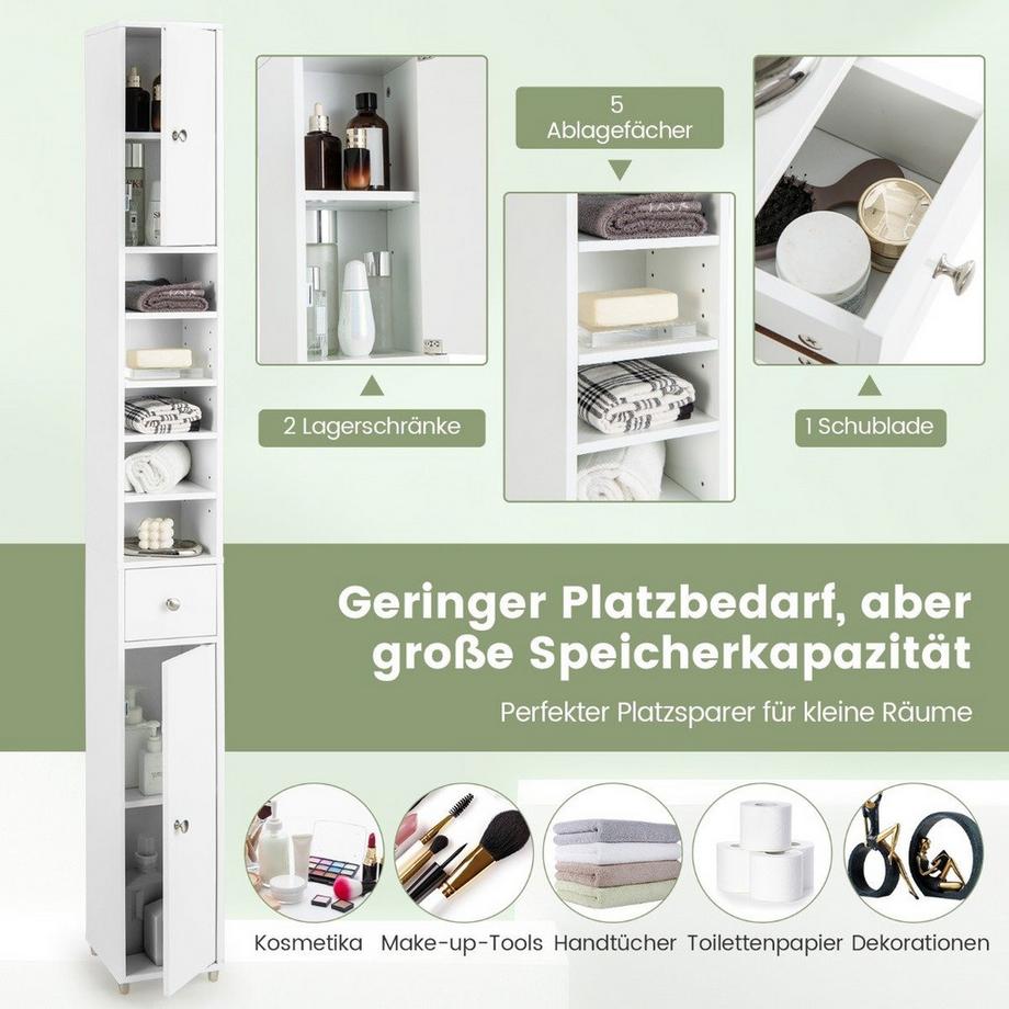 Northix Mobile da bagno stretto mobile alto con 2 ante e 1 cassetto 20 x 20 x 180 cm bianco  