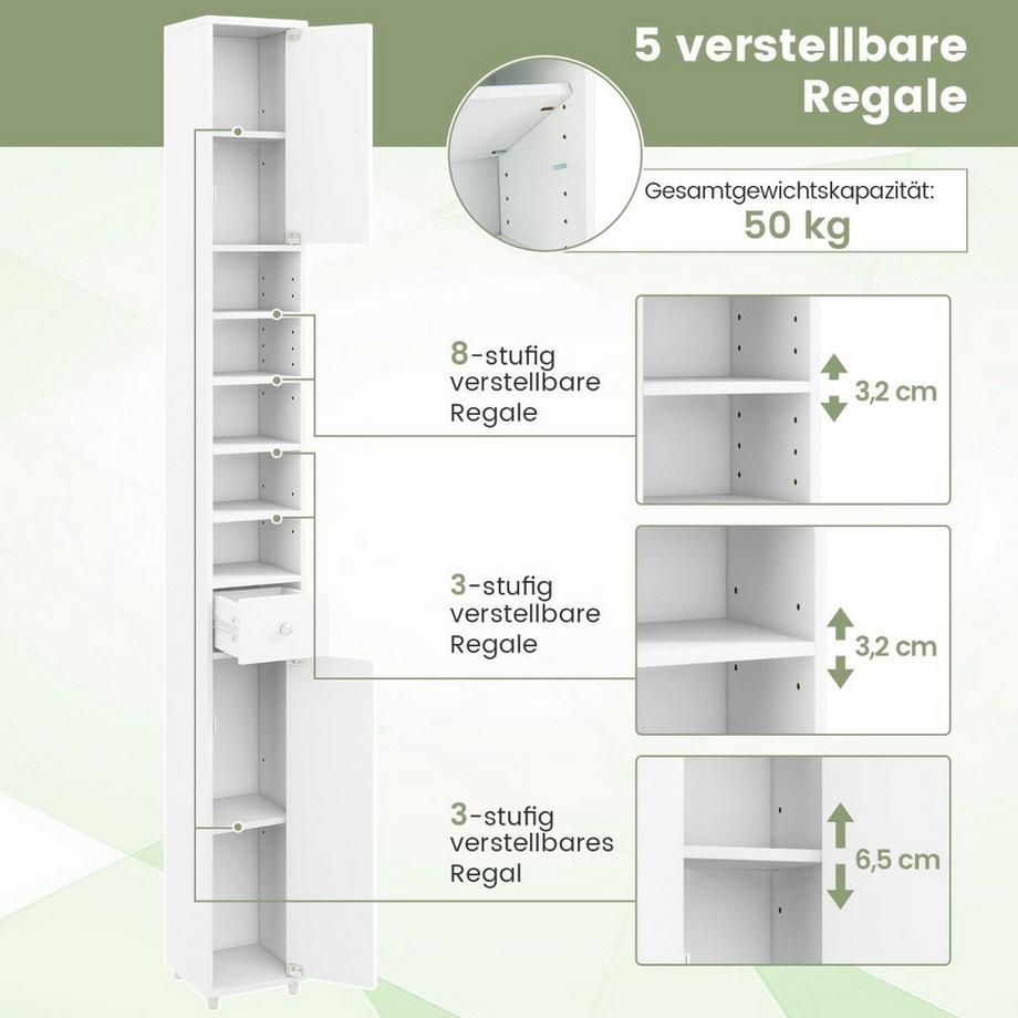 Northix Mobile da bagno stretto mobile alto con 2 ante e 1 cassetto 20 x 20 x 180 cm bianco  