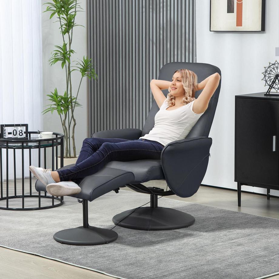 Northio Fauteuil de relaxation avec repose-pieds, fauteuil de massage électrique avec fonction inclinable, 10 points de massage, fauteuil TV rotatif avec poche latérale, télécommande, simili cuir, gris foncé  