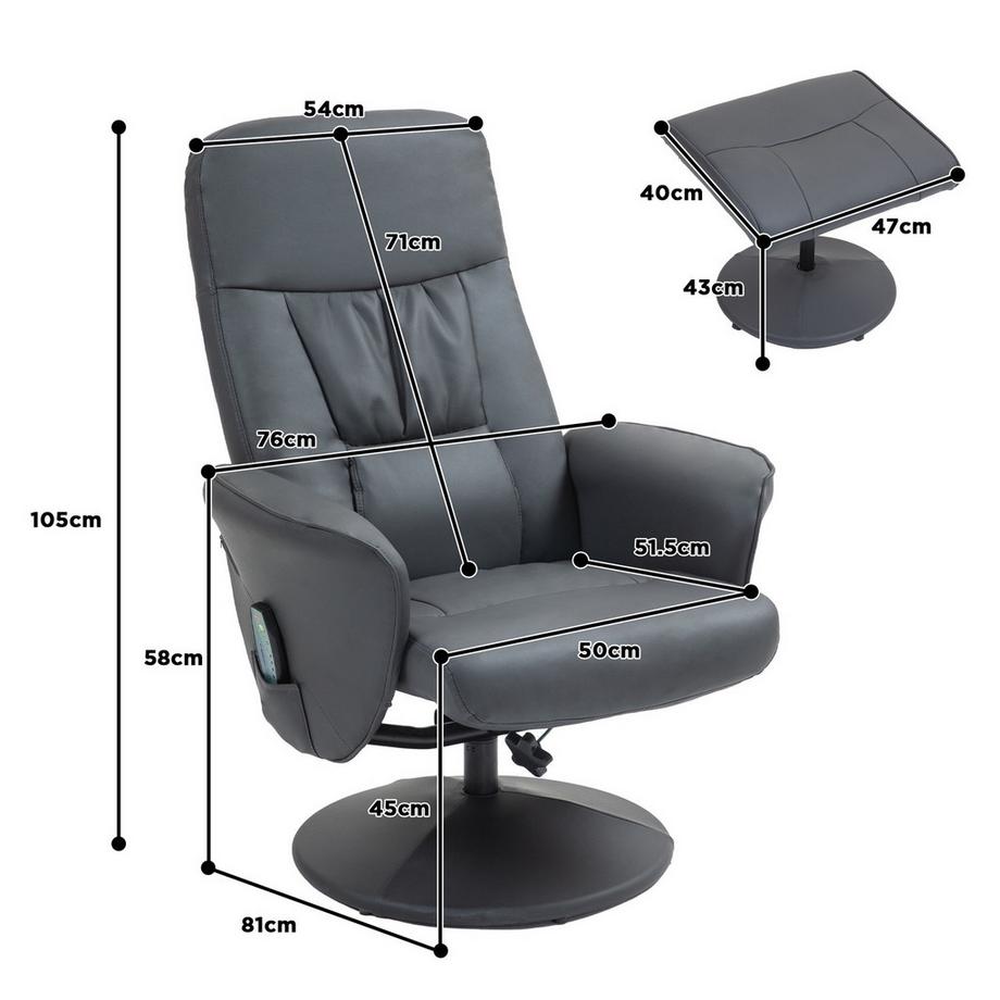 Northio Fauteuil de relaxation avec repose-pieds, fauteuil de massage électrique avec fonction inclinable, 10 points de massage, fauteuil TV rotatif avec poche latérale, télécommande, simili cuir, gris foncé  