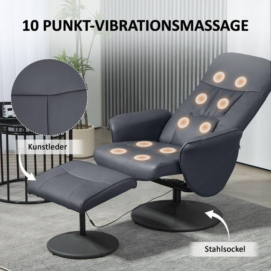 Northio Fauteuil de relaxation avec repose-pieds, fauteuil de massage électrique avec fonction inclinable, 10 points de massage, fauteuil TV rotatif avec poche latérale, télécommande, simili cuir, gris foncé  