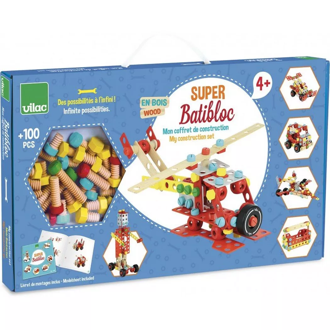 Vilac - Grosse Kiste Batibloc, Konstruktionsspielzeug - Baukasten -101 Teile, Multicolor