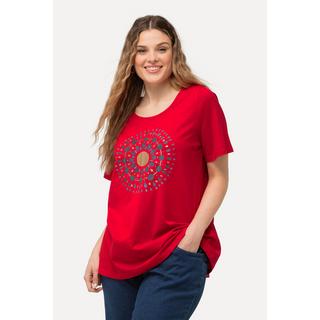 Ulla Popken  T-shirt dal taglio svasato con design mandala, scollo a girocollo e mezze maniche 