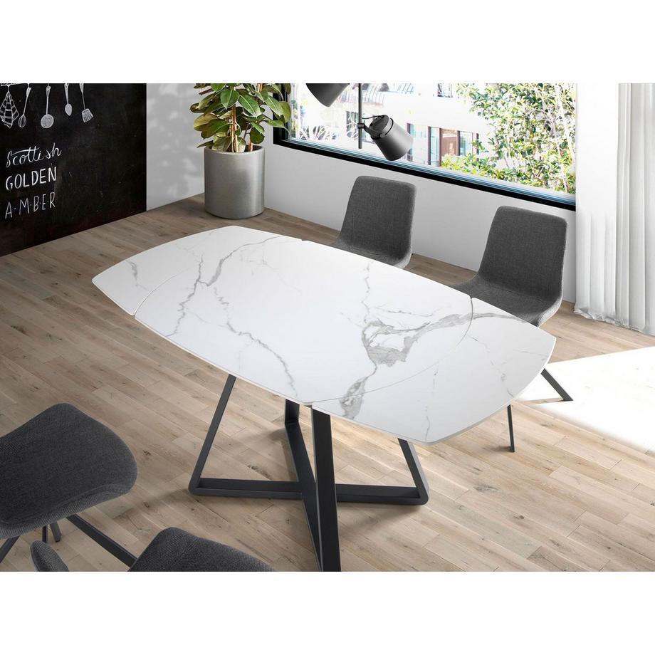 ANGEL CERDA Table à manger à rallonge baril ovale marbre porcelaine et acier noir  