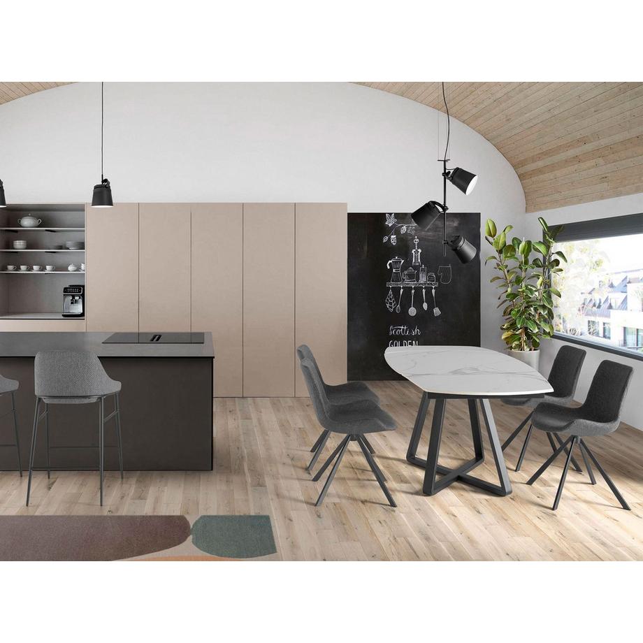 ANGEL CERDA Table à manger à rallonge baril ovale marbre porcelaine et acier noir  