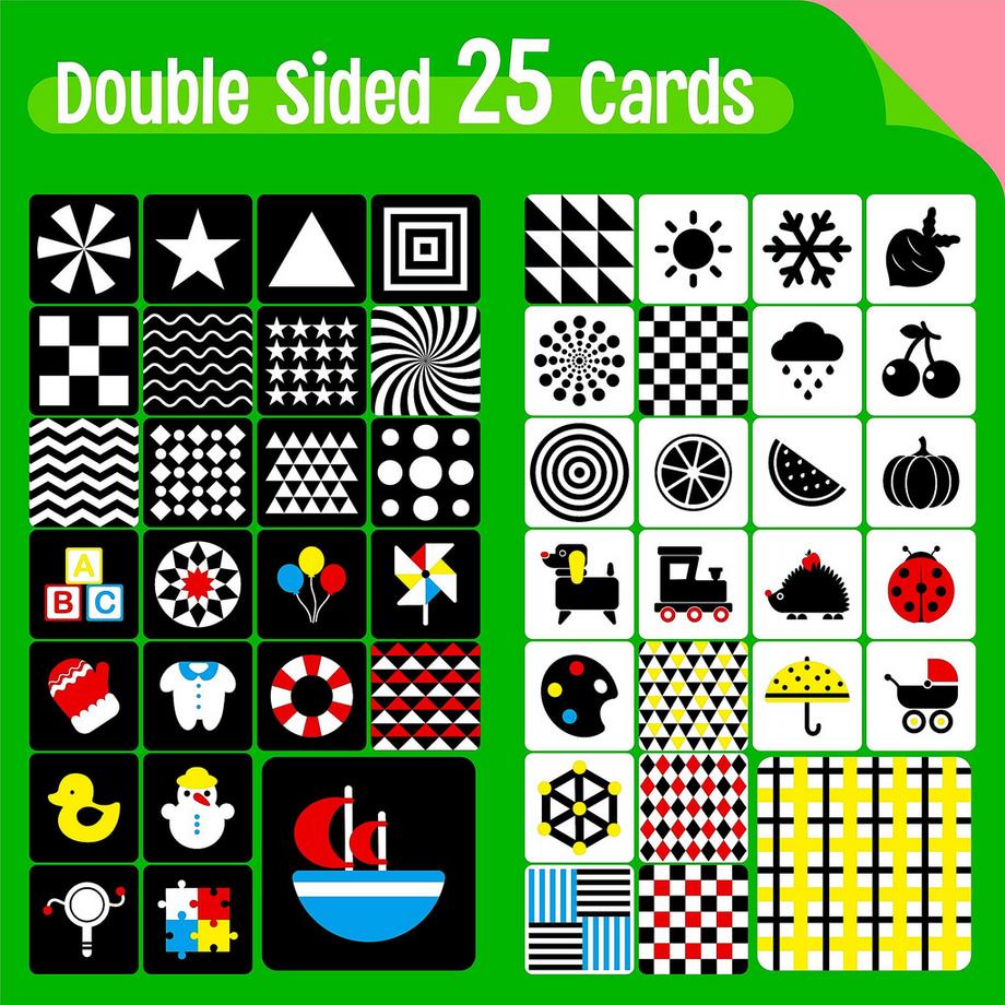 Activity-board  50 Seiten Baby visuelle Stimulation Fotokarte, 25 Stück kontrastreiche bunte Baby Flash-Karten sensorisches Spielzeug für Neugeborene 