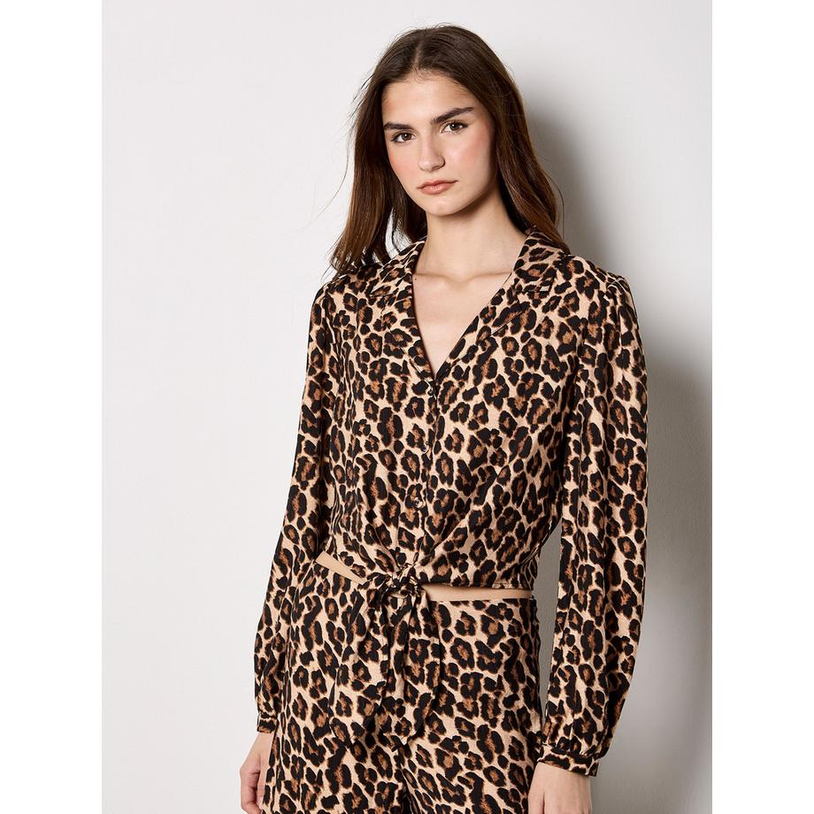 Crop-Shirt mit Leopardenmuster und gebundenem Vorderteil