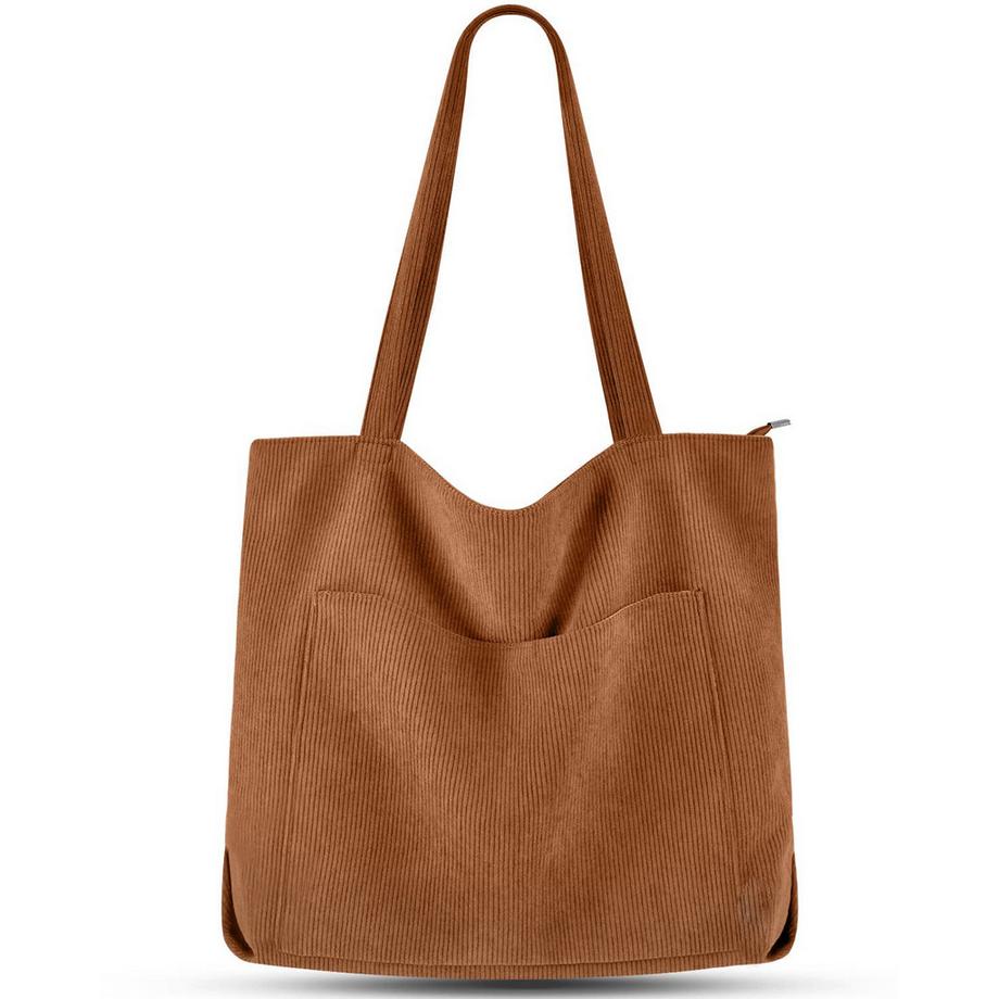 Only-bags.store Sac Bandoulière Zippé en Velours Côtelé Grand Sac Cabas Fourre-tout  