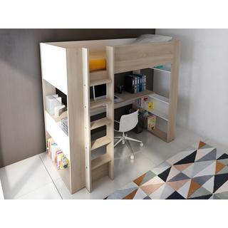 Vente-unique Lit mezzanine avec bureau et rangements intégrés - 90 x 200 cm - Chêne et blanc - NOAH II  