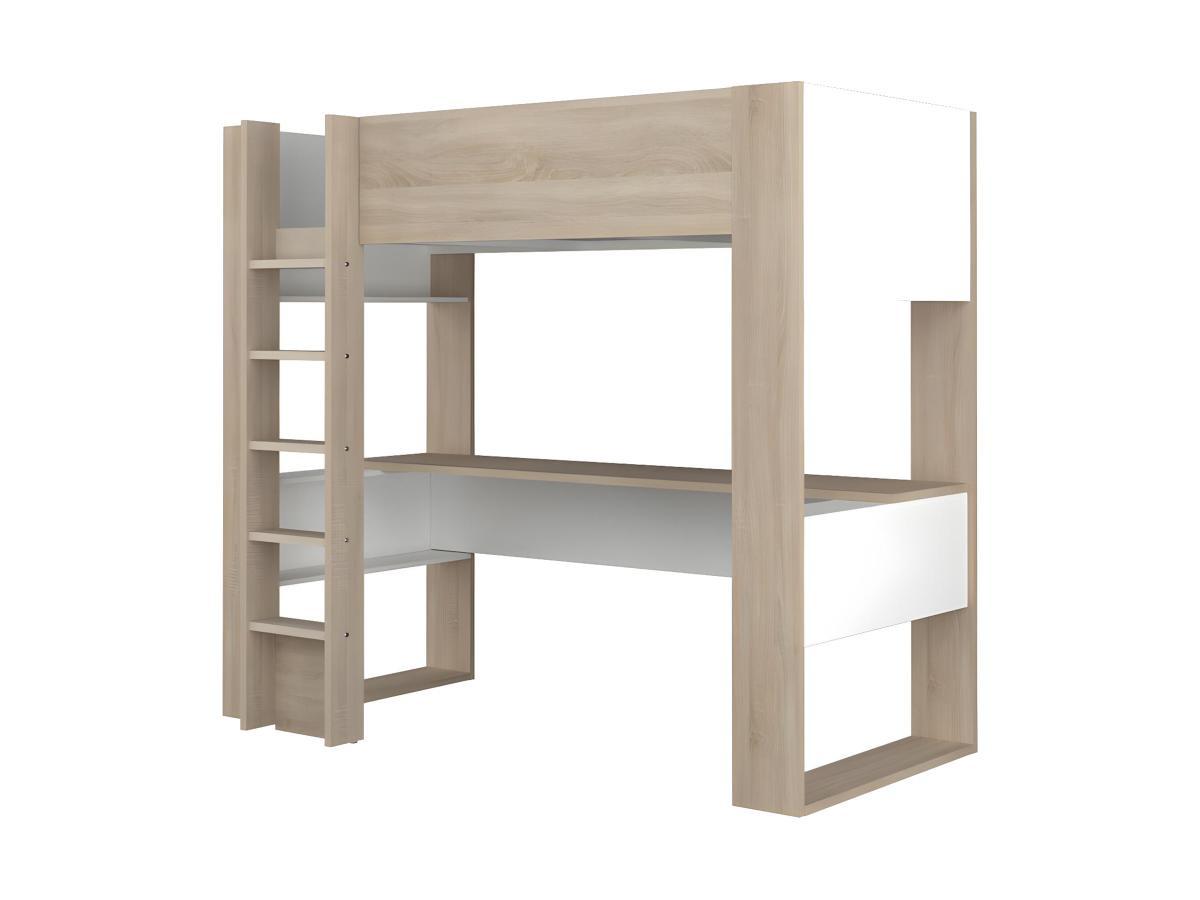 Vente-unique Lit mezzanine avec bureau et rangements intégrés - 90 x 200 cm - Chêne et blanc - NOAH II  