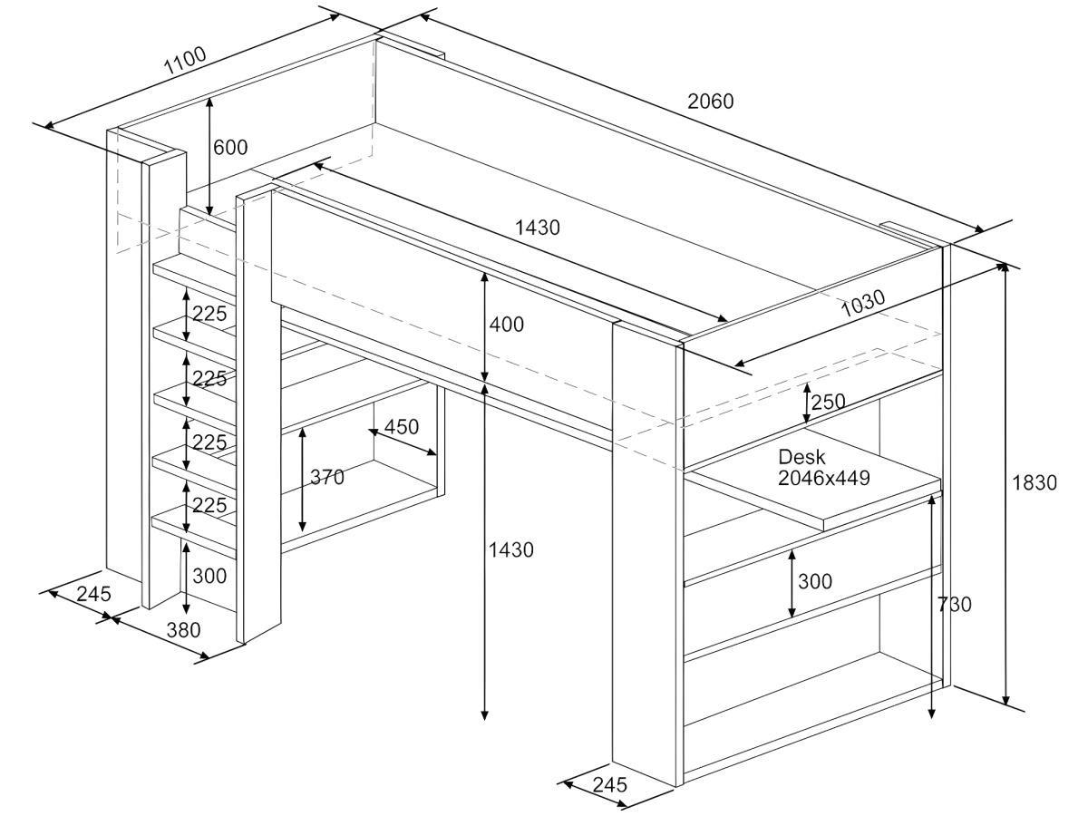 Vente-unique Lit mezzanine avec bureau et rangements intégrés - 90 x 200 cm - Chêne et blanc - NOAH II  