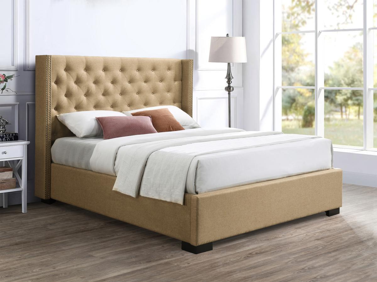 Vente-unique Bett mit Bettkasten mit gestepptem Kopfteil + Matratze - 160 x 200 cm - Stoff - Beige - MASSIMO  