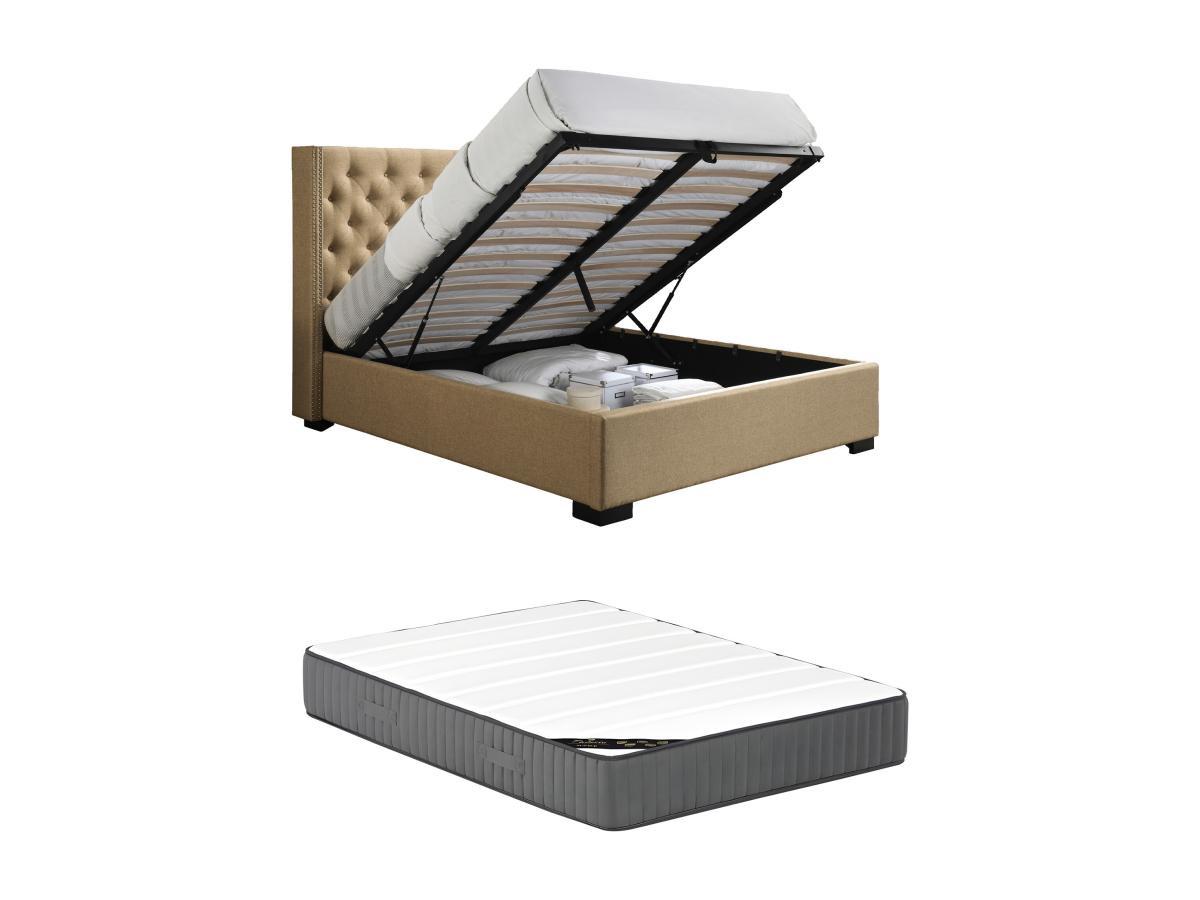 Image of Bett mit Bettkasten mit gestepptem Kopfteil + Matratze - 160 x 200 cm - Stoff - Beige - MASSIMO Bett mit Bettkasten mit gestepptem Kopfteil + Matratze - 160 x 200 cm - Stoff - Beige - MASSIMO