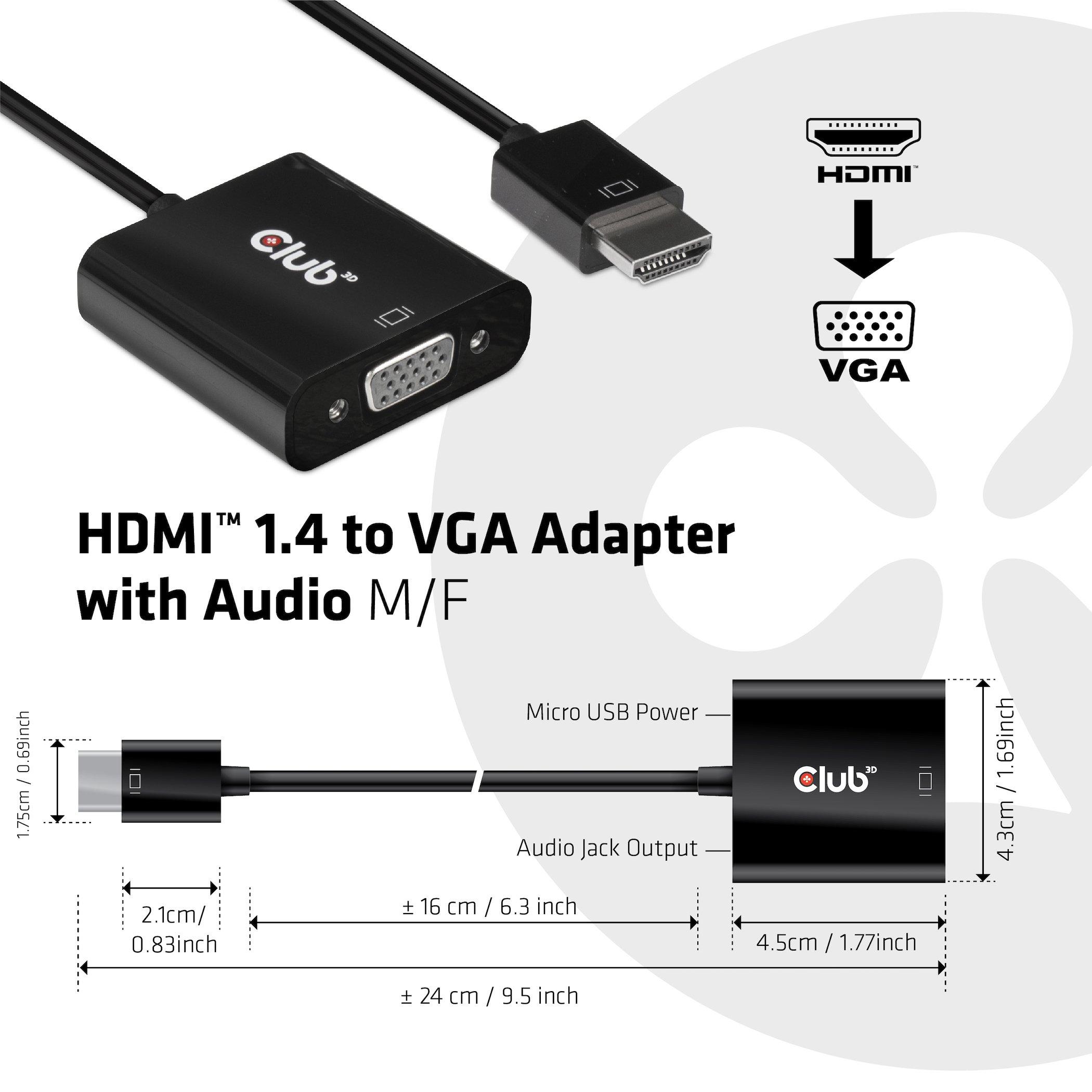 Club3D  CLUB3D CAC-1302 câble vidéo et adaptateur 0,5 m HDMI Type A (Standard) VGA (D-Sub) Noir 