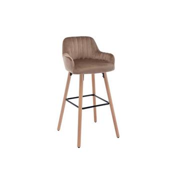 Lot de 2 tabourets de bar en velours et pieds bois de hêtre - Beige - ELEANA