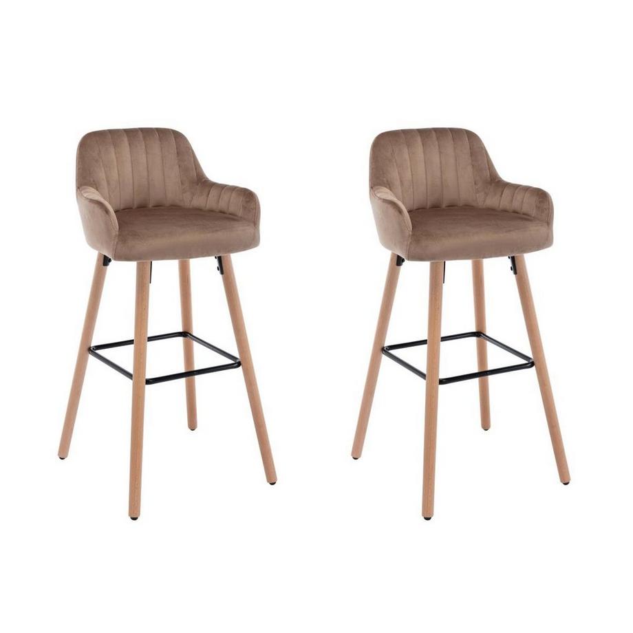 Lot de 2 tabourets de bar en velours et pieds bois de hêtre - Beige - ELEANA