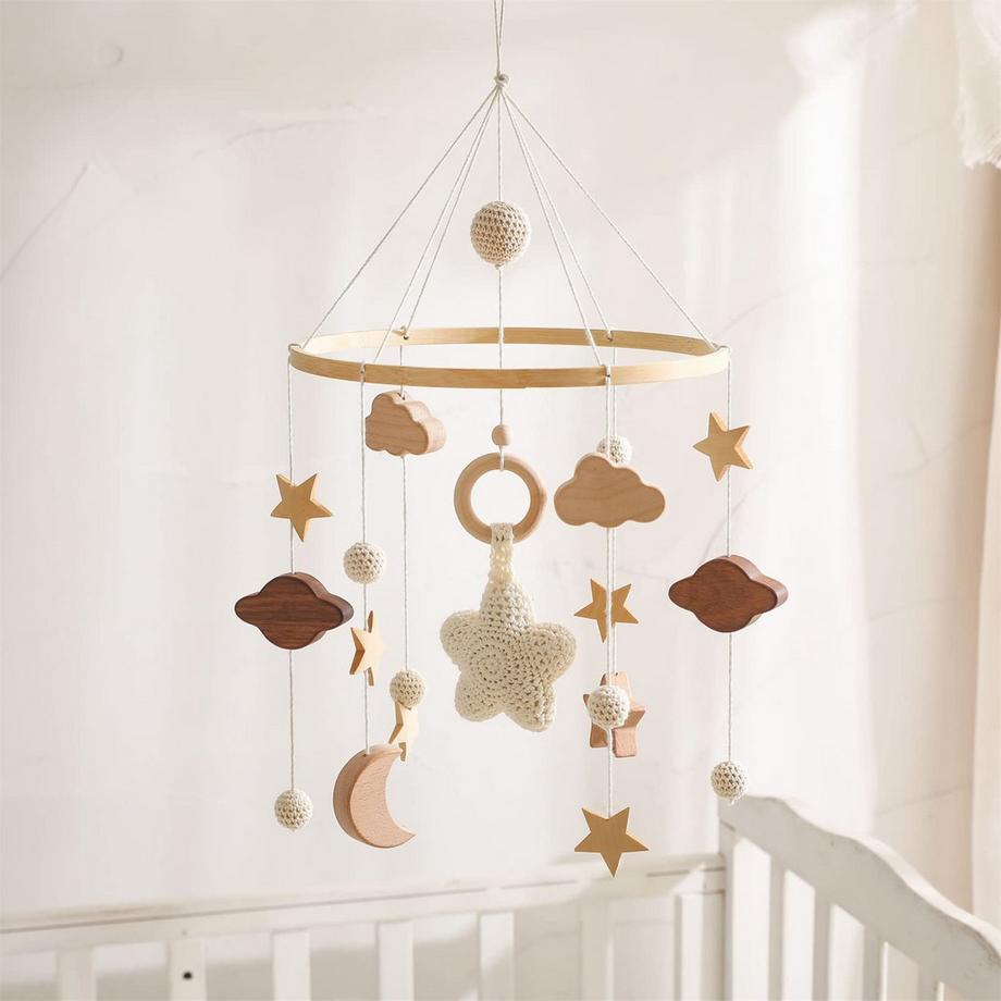 Activity-board  Mobile de bébé en bois avec boules de feutre et ornement de nuages 