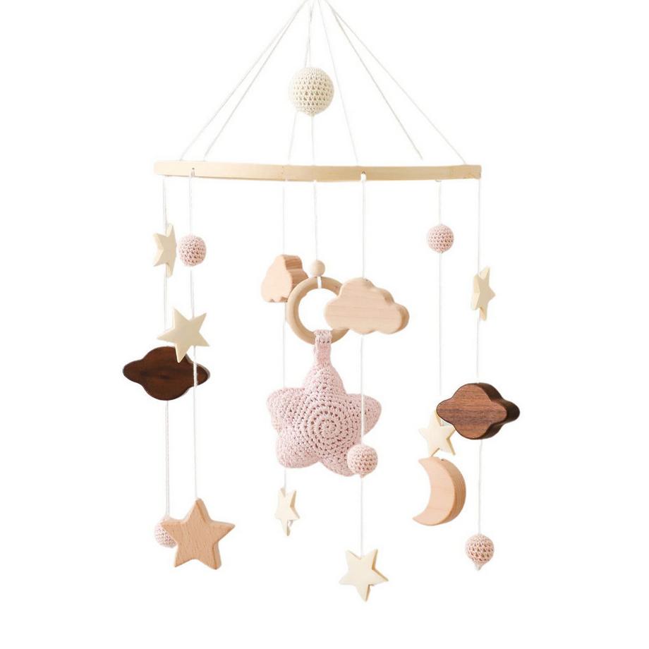 Baby-Mobile aus Holz mit Filzkugeln und Wolken-Ornament