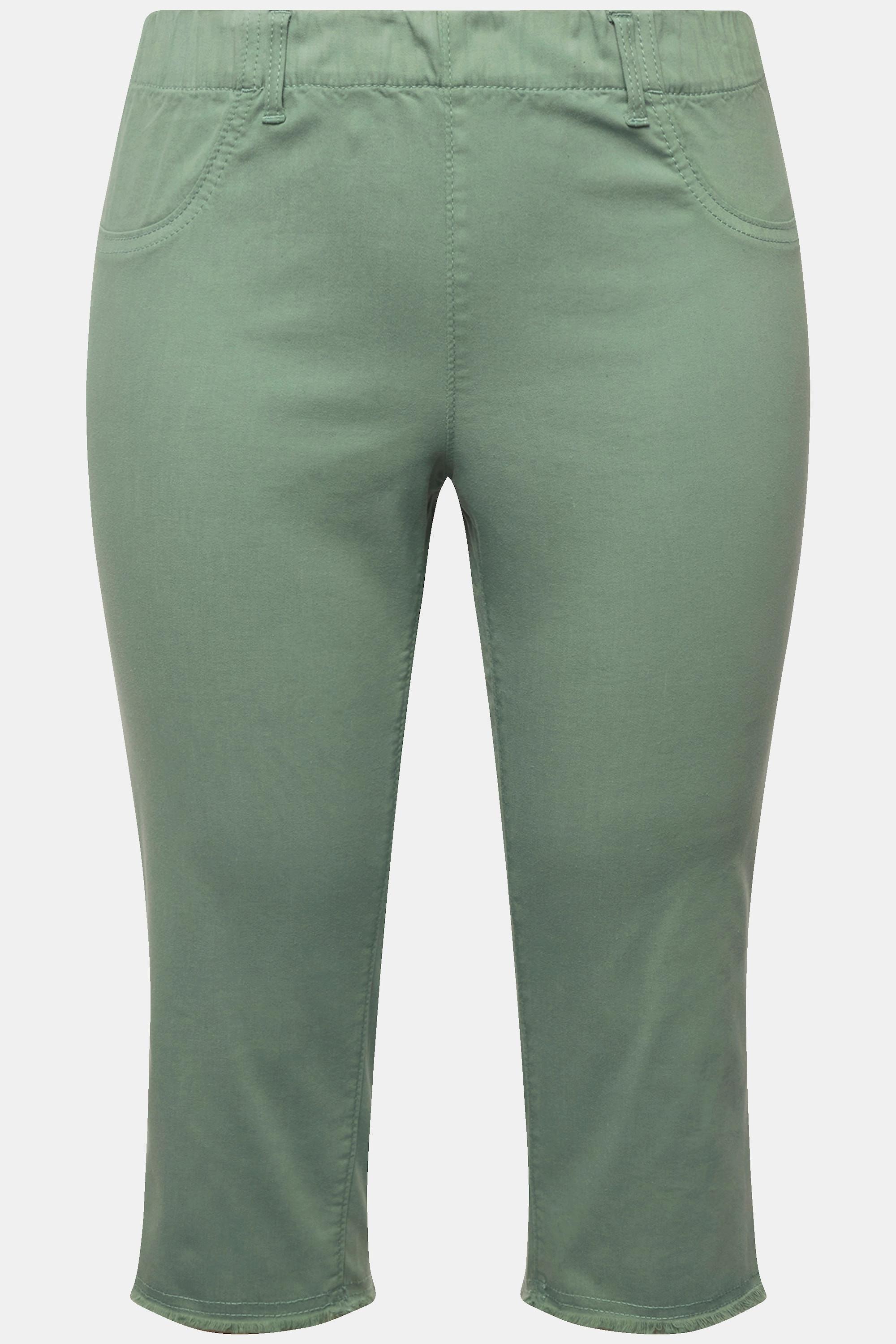 Ulla Popken  Pantaloni Capri a 7/8 modello Sienna in tessuto elasticizzato con orli sfrangiati e taglio della gamba aderente 