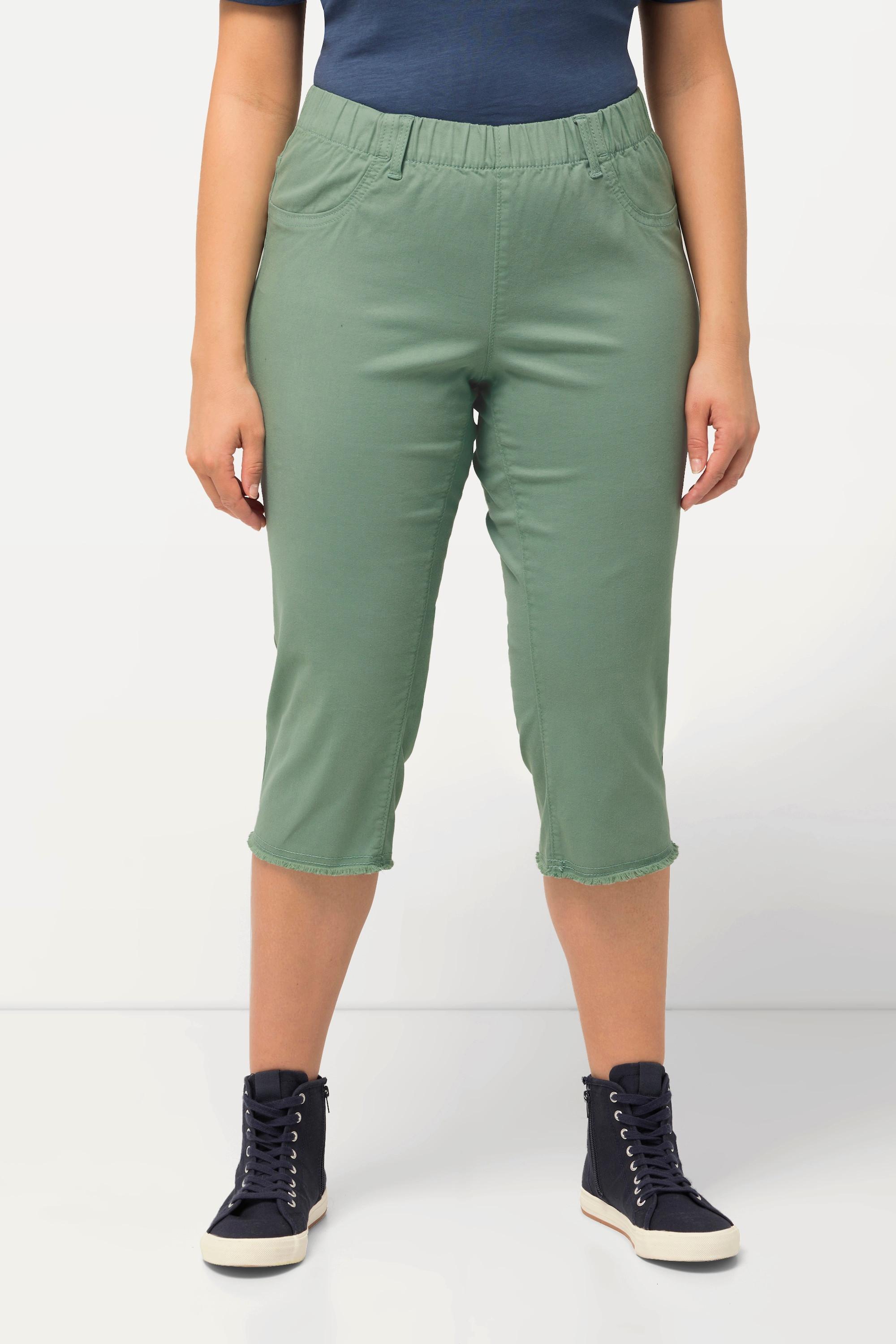 Ulla Popken  Pantaloni Capri a 7/8 modello Sienna in tessuto elasticizzato con orli sfrangiati e taglio della gamba aderente 