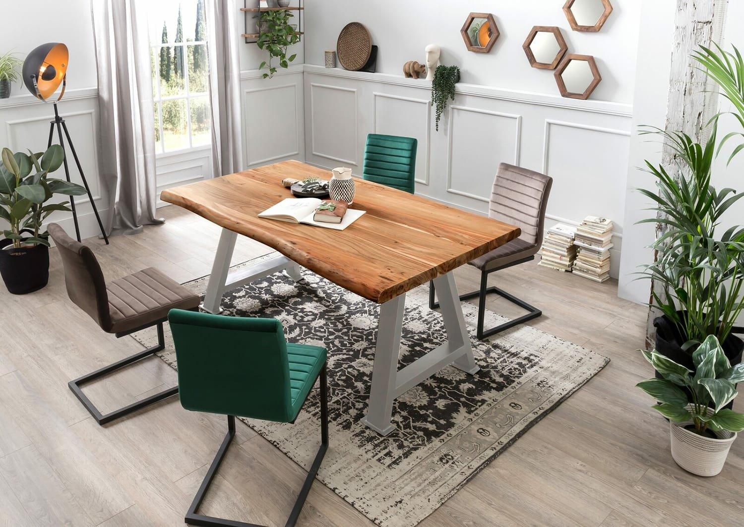 mutoni Table 200x100 cm - acacia naturel - métal argenté antique - avec bordure d'arbre  