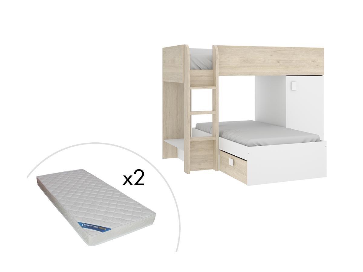 Vente-unique Etagenbett mit Stauraum Matratze RICARDO 2Modulierbar Eiche  