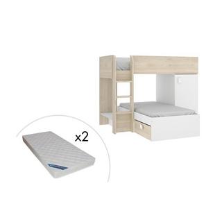 Vente-unique Lits superposés réversibles RICARDO 2Rangements intégrés Chêne + matelas  