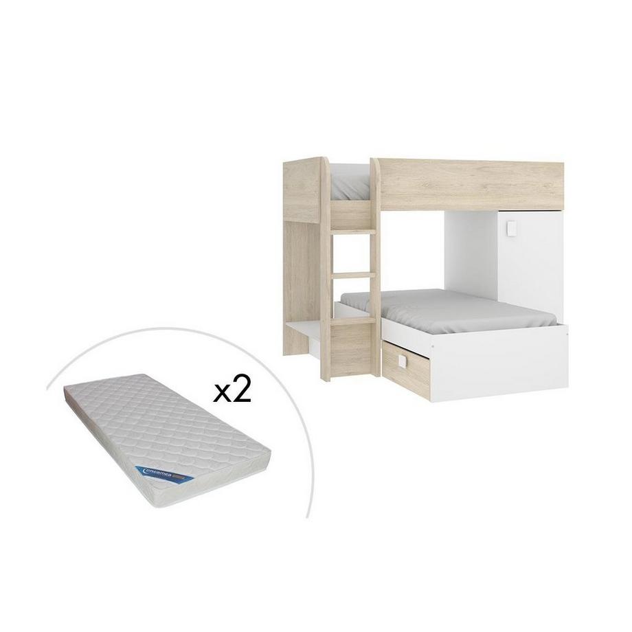 Vente-unique Letto a castello reversibile Vani portaoggetti integrati 2 Rovere e Bianco + materasso RICARDO  