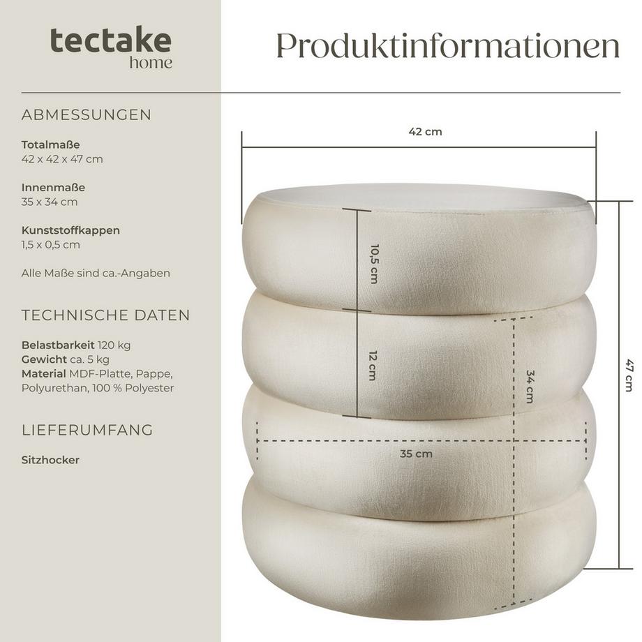 Tectake Sitzhocker mit Stauraum Altu rund 42 x 42 x 47 cm  