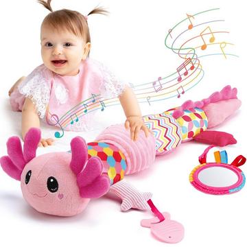 Peluche axolotl musicale avec hochet, anneau de dentition, miroir, couineur, bébé crépitant