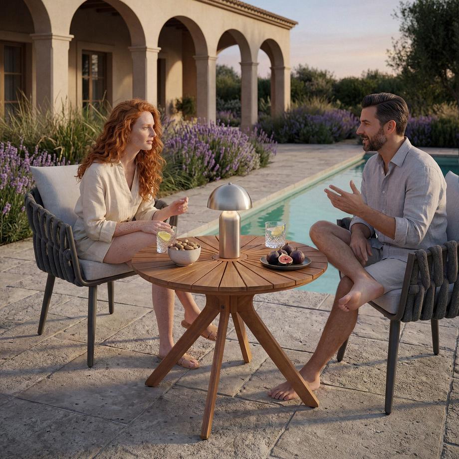Tectake Table de jardin Pollensa ronde, plateau avec motif soleil  