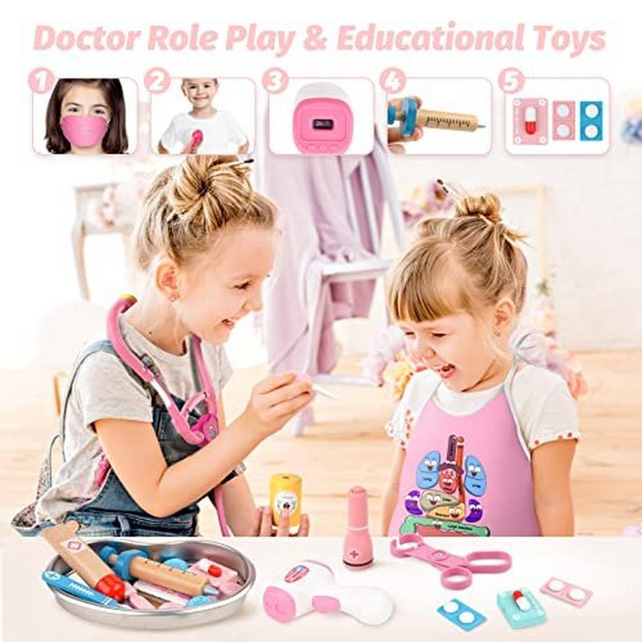 Activity-board  Arztkoffer Kinder Holz doktorkoffer Kinder Spielzeug mit Stethoskop, Tablett aus Edelstahl und 