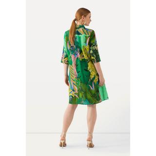 Ulla Popken  Chemisier long en lin mélangé. Imprimé tropical. Col chemise et manches 3/4. 