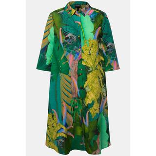 Ulla Popken  Chemisier long en lin mélangé. Imprimé tropical. Col chemise et manches 3/4. 