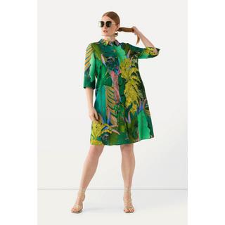 Ulla Popken  Chemisier long en lin mélangé. Imprimé tropical. Col chemise et manches 3/4. 