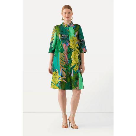 Ulla Popken  Chemisier long en lin mélangé. Imprimé tropical. Col chemise et manches 3/4. 